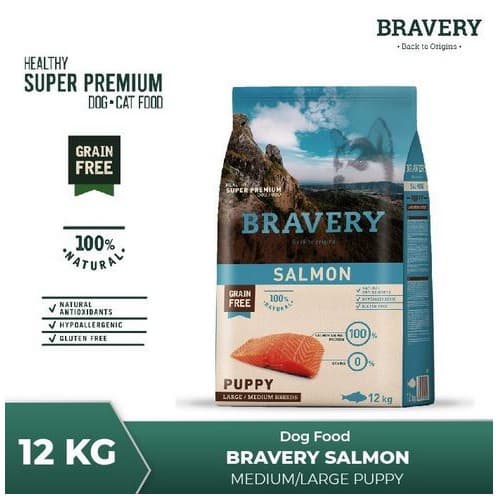 Bravery Medium/Large Puppy Salmon 12kg Makanan Anak Anjing Super Food — gambar 1