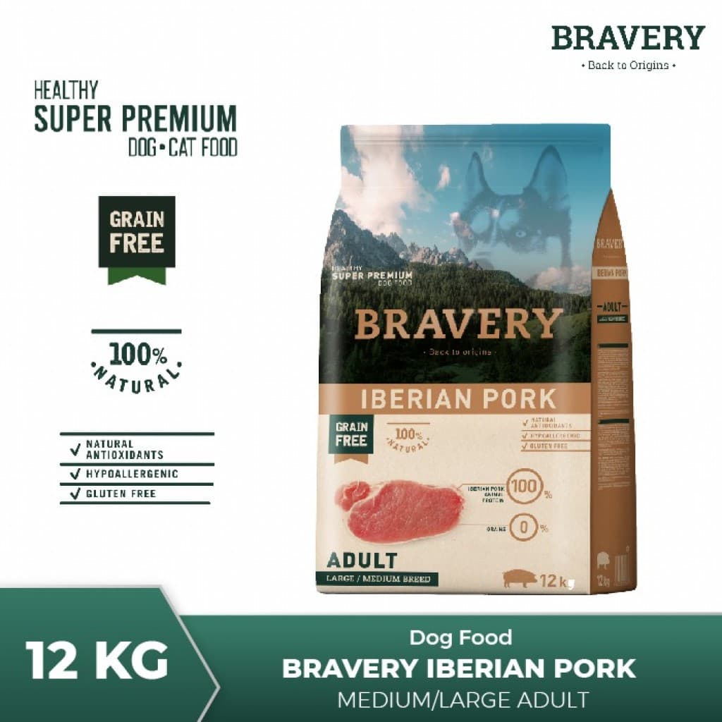 Bravery Medium/Large Adult Dog Pork 12kg Makanan Anjing Super Premium — gambar 1