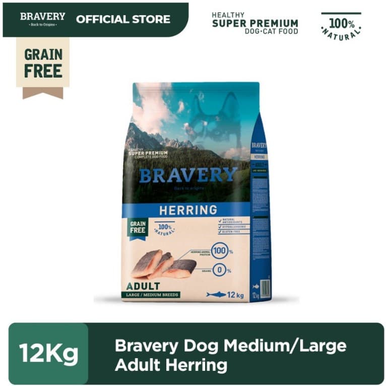 Bravery Medium/Large Herring 12kg Adult Dry Dog Food Makanan Anjing — gambar 1