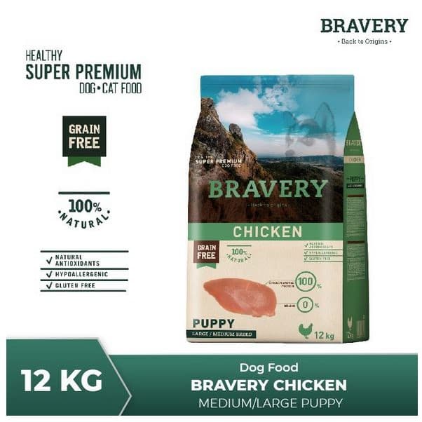 Bravery Medium/Large Puppy Chicken 12kg Makanan Anjing Super Premium — gambar 1