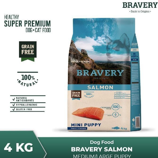 Bravery Medium/Large Puppy Salmon 4kg Makanan Anak Anjing Super — gambar 1