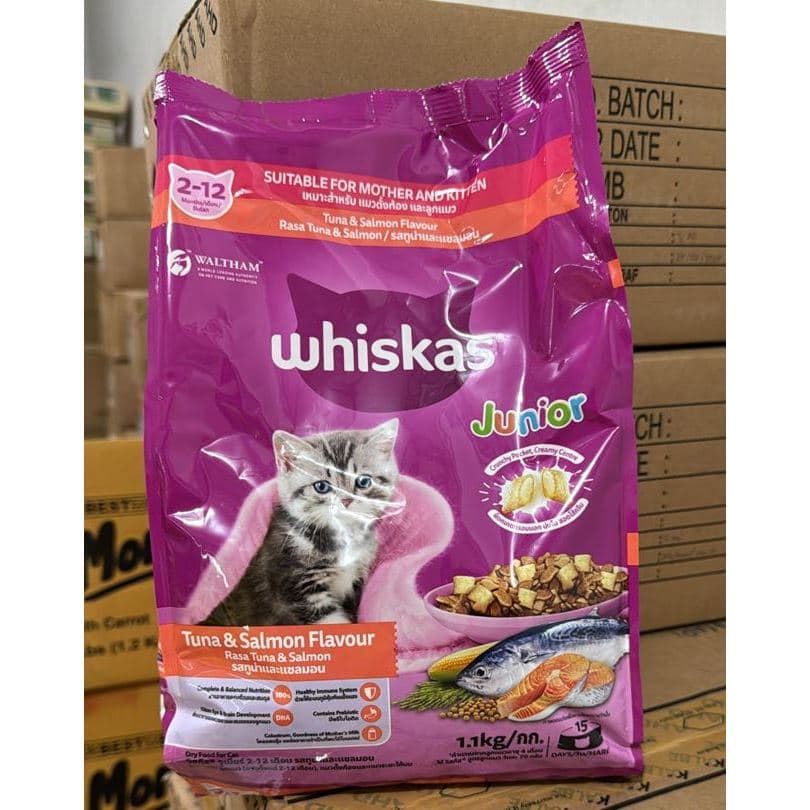 Whiskas Junior Tuna & Salmon 1.1kg Dry Kitten Food Makanan Kering Anak — gambar 1
