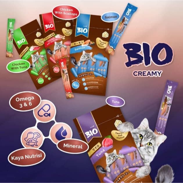 Bio Creamy 4x15g Cat Kitten Liquid Snack Baim Wong Jajanan Kucing — gambar 1