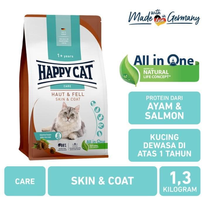 Happy Cat Sensitive Skin & Coat 1.3KG Hair Care Makanan Kucing Dry - gambar 1