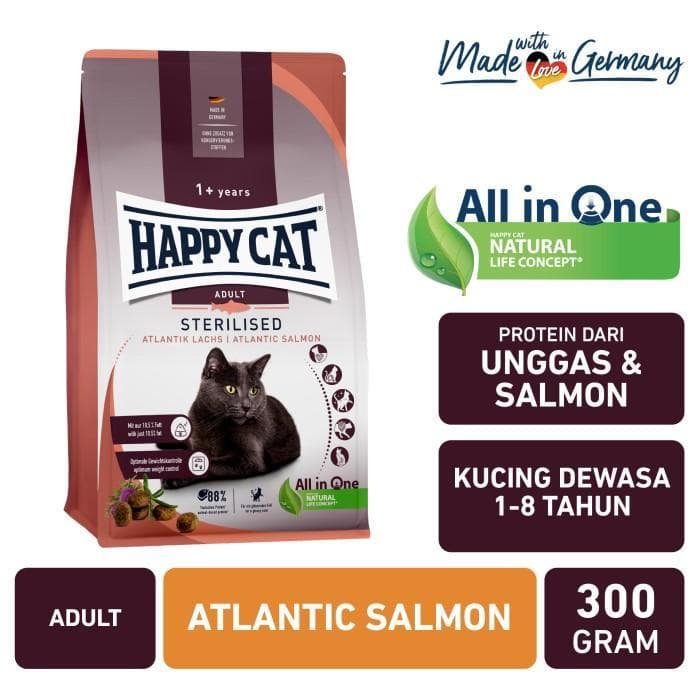 Happy Cat Sterilised Atlantic Salmon 300g Food Makanan Kucing Steril — gambar 1
