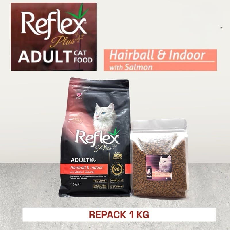 Reflex Plus Adult Cat Hairball & Indoor Salmon Formula Repack 1kg — gambar 1