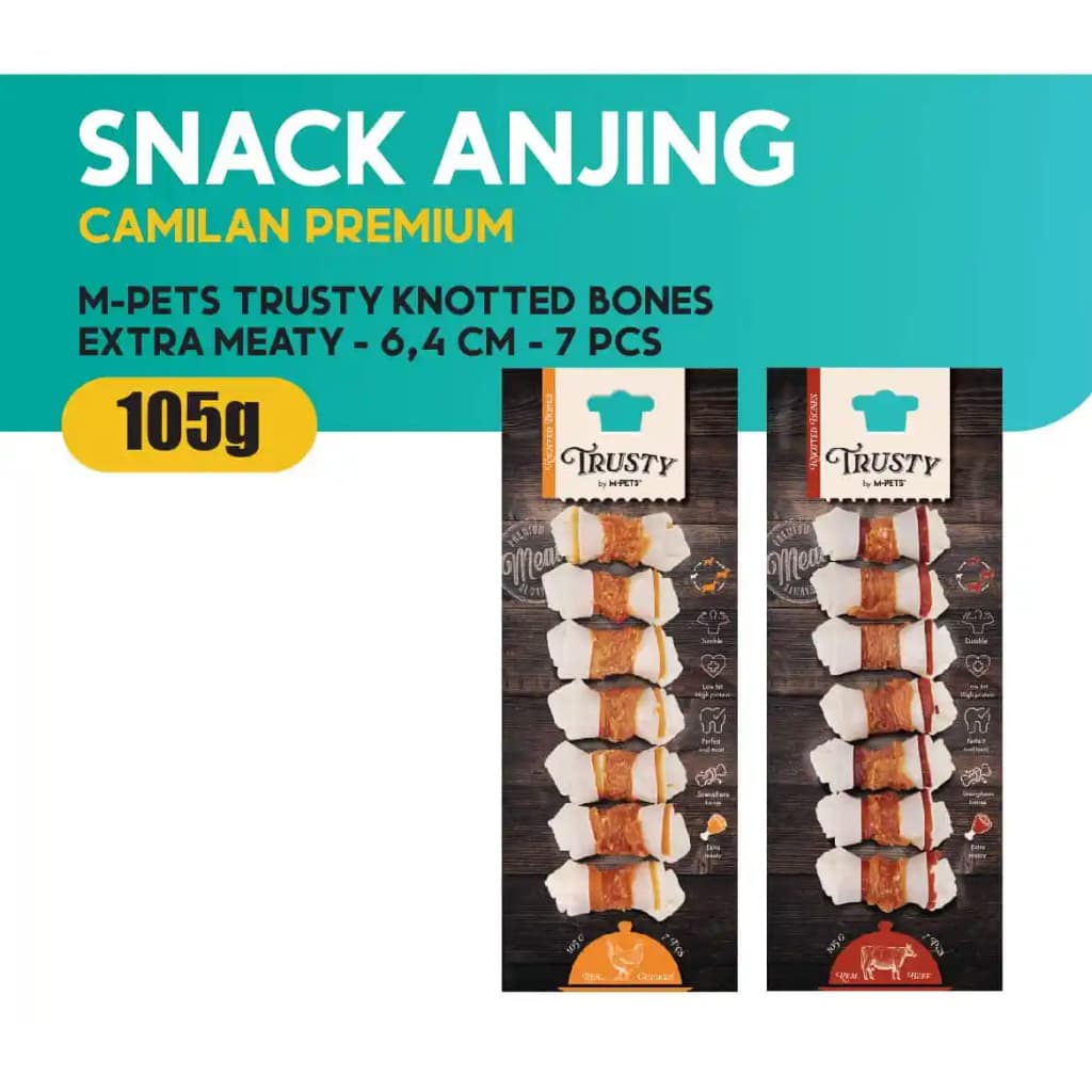 M-Pets Trusty Knotted Bone with Dried Meat/Snack Tulang Anjing + — gambar 1