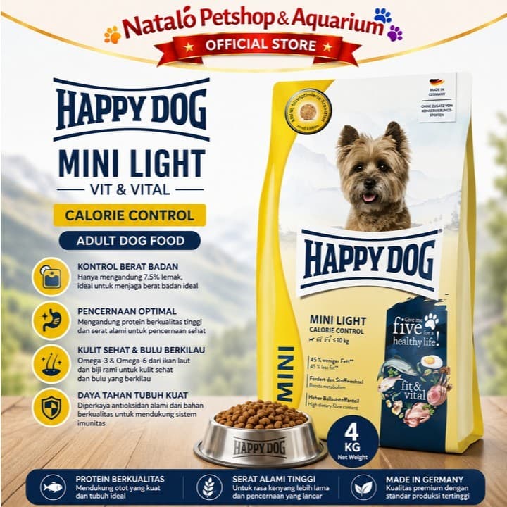 Happy Dog Mini Light 4KG FRESHPACK / ORIGINAL / Supreme Fit & Vital ADULT DOG FOOD Low Fat Calorie Control Dry 4 KG - Makanan Anjing Dewasa Ras Kecil untuk Menjaga Berat Badan Seimbang - Sensible - gambar 1