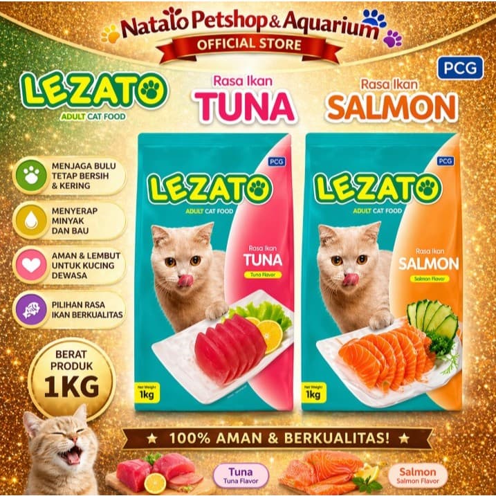 Lezato 1kg Cat Food Makanan Kucing rasa Tuna/Salmon Dry Cat — gambar 1