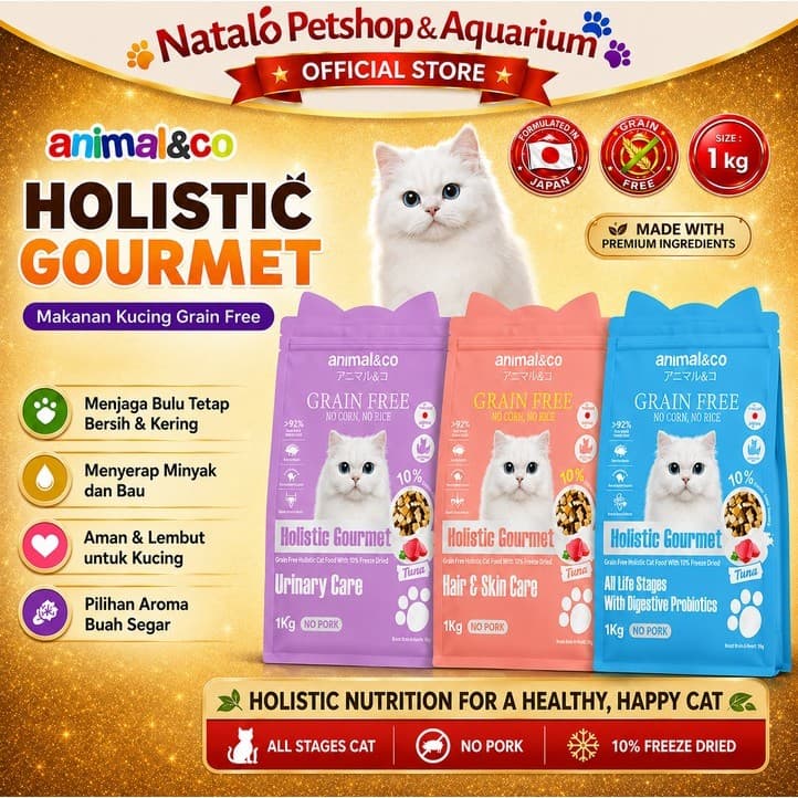 Animal&Co Holistic Gourmet 1KG Grain Free Cat Food / All Life Stages - Makanan Kucing Semua Umur - Hair & Skin / Digestive Probiotics / Urinary Care 1 KG - gambar 1