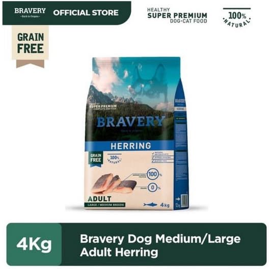 Bravery Medium/Large Adult Herring 4kg Dry Dog Food Makanan Anjing — gambar 1