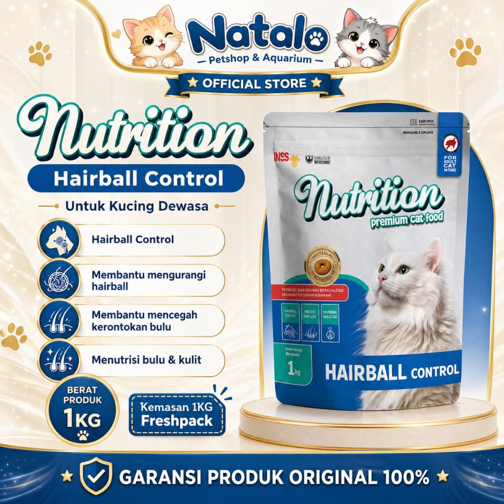 Nutrition Hairball Control Premium Cat Food 1 KG - Makanan Kering Kucing Dewasa untuk Memuntahkan Bulu 1KG - gambar 1