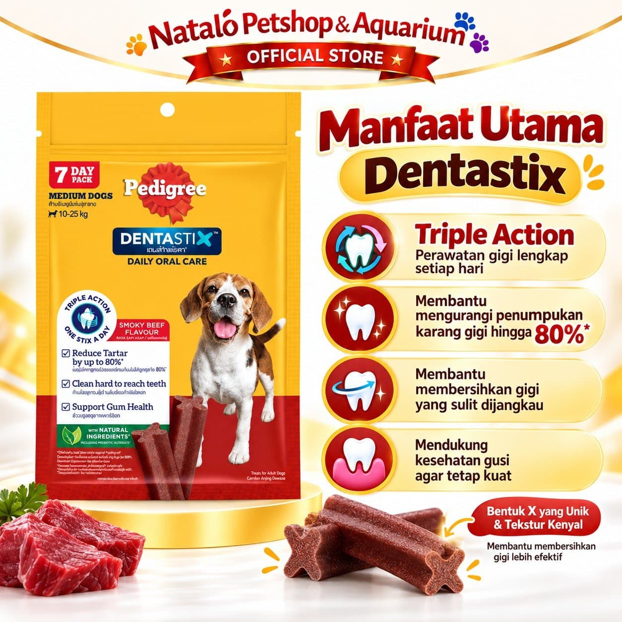Pedigree Dentastix Smoky Beef Medium 172g Isi 7 Stik - Snack Anjing Dewasa 10-25kg Dental Stick Pembersih Gigi Rasa Sapi Asap Camilan Perawatan Gigi Harian - gambar 2