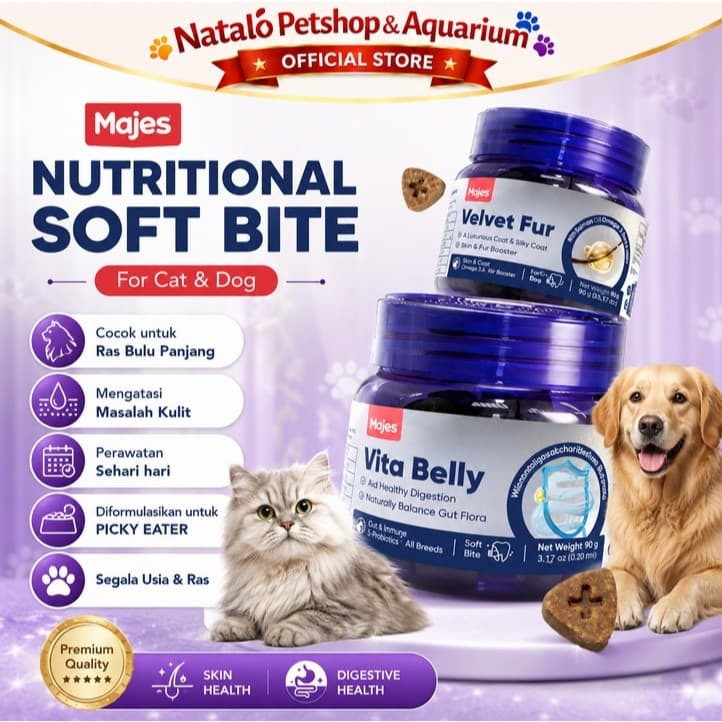 Majes Soft Bite 90GR Nutritional Snack Vitamin Bulu Pencernaan Kucing Anjing Supplement for Pet Cat Dog Suplemen Velvet Fur Vita Belly 90 GR Cemilan Jajan HAIR SKIN / DIGESTIVE - gambar 1