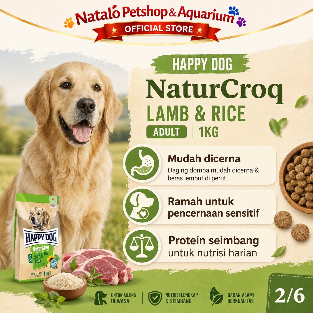 Happy Dog NaturCroq Lamb & Rice 1KG Adult Dog Food - Makanan Anjing Dewasa Ras Besar Rasa Domba Premium 1 KG - gambar 2