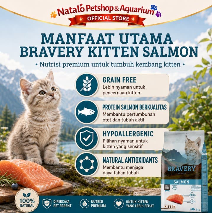 Bravery Kitten Salmon 2KG Grain & Gluten Free Super Premium Dry Cat Food Makanan Kering Anak Kucing 2 KG rasa Ikan Salmon Hypoallergenic - gambar 2