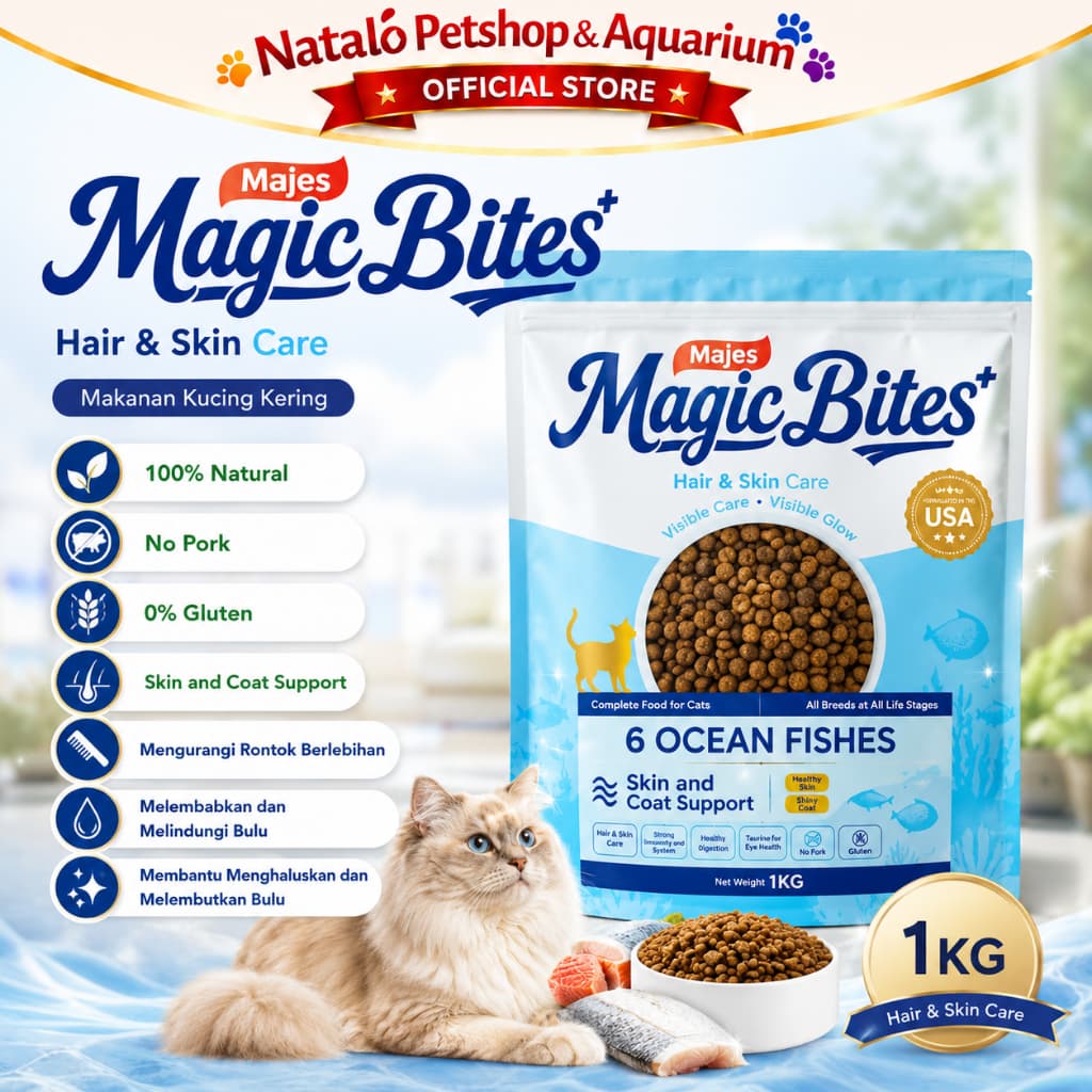 Majes Magic Bites 1KG Hair & Skin Care / Makanan Kucing Kering Adult Dry Cat Food 6 Ocean Fish Ikan Fishes Skin And Coat Support Gluten Free - gambar 1