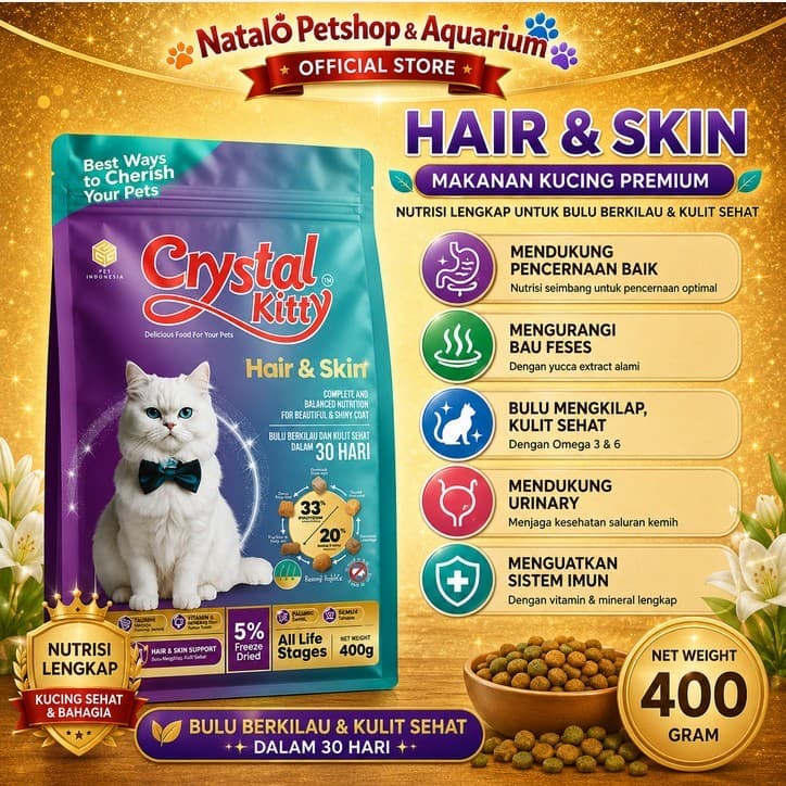 Crystal Kitty Hair & Skin 400 GR - All Life Stages - Makanan Kucing Premium Kulit dan Bulu Semua Umur 400Gr - gambar 1