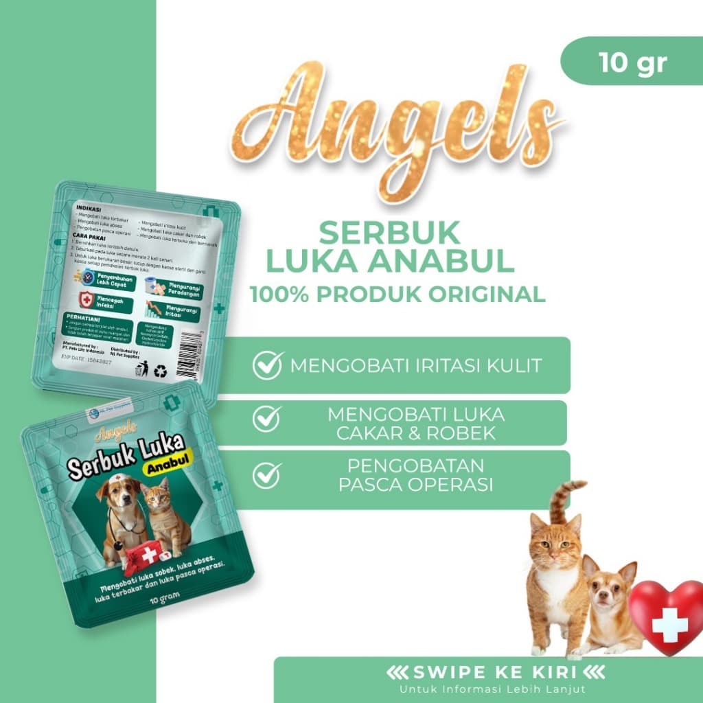 Angels Serbuk Luka Anabul Hewan Kucing Anjing Kelinci 10GR - Obat Luar / Anses / Bakar / Pasca Operasi / Robek / Nanah / Infeksi Medicine - gambar 1