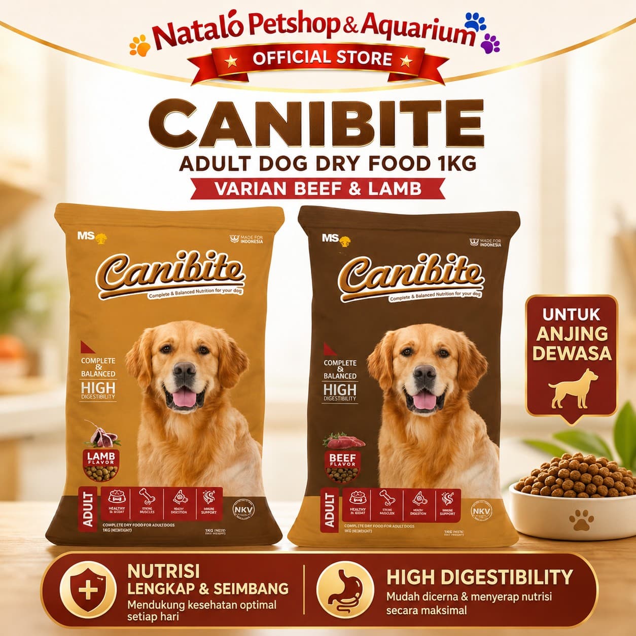 Canibite Adult Dry Dog Food Beef / Lamb 1KG - Makanan Kering Anjing Dewasa 1 KG - gambar 1