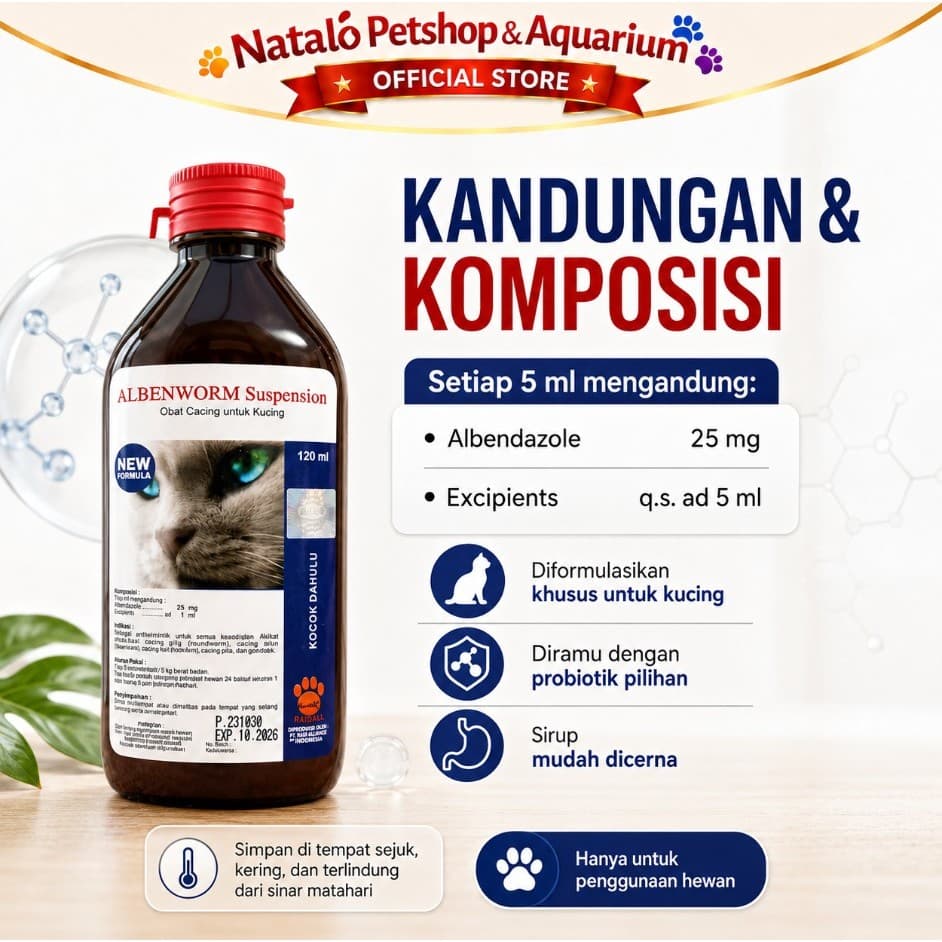 Albenworm Cat Syrup 120ML - Obat Cacing Kucing Cair Sirup Suspension 120 ML Dijamin Ampuh by Raid All Dewormer - gambar 3