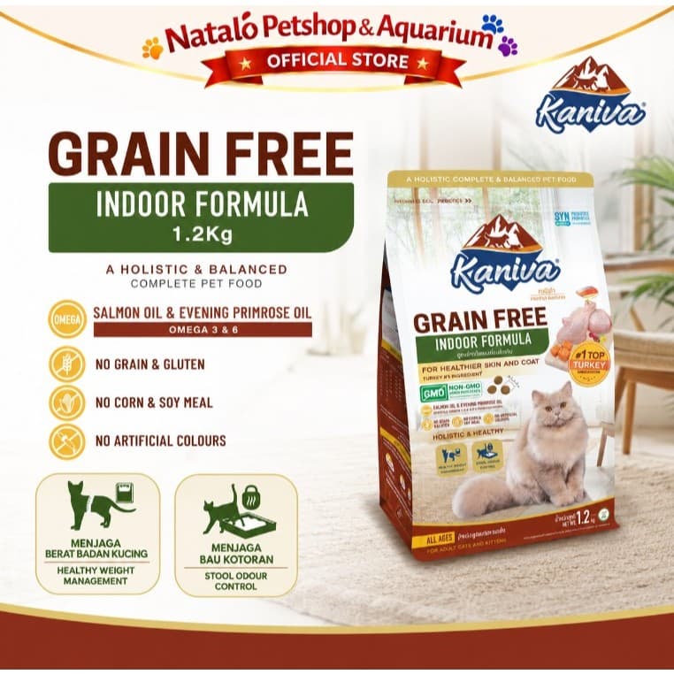 Kaniva Grain Free Indoor Cat 1.2KG Dry Food - Holistic Healthy Skin and Coat - Premium Makanan Kucing Kering untuk Segala Usia All Life Stages Adult Kitten Dewasa Anak Kucing 1.2 KG - gambar 1