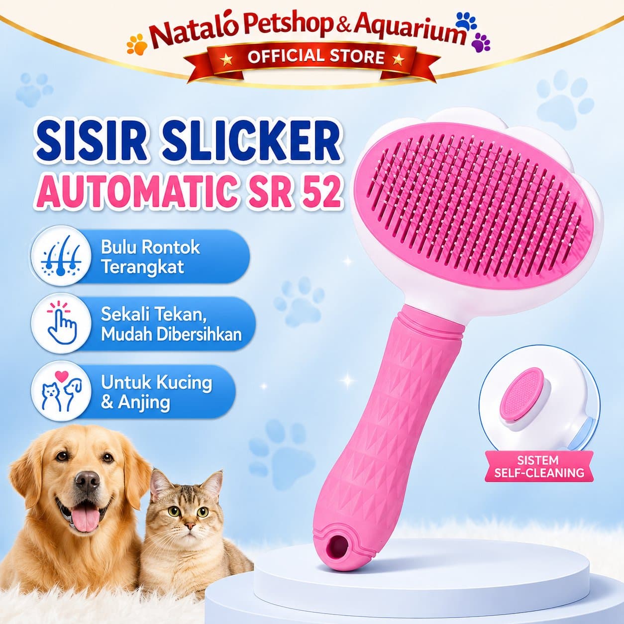 Sisir Slicker Automatic Hewan Kucing Anjing Kelinci SR 52 Pet Brush Cat Dog Otomatis - gambar 3