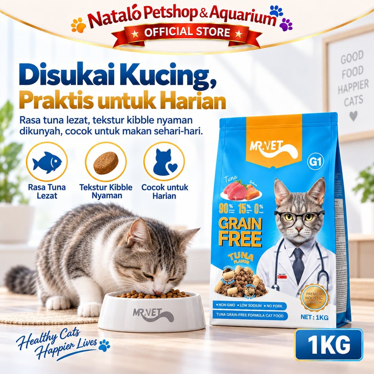 Mr. Vet G1 Tuna Grain Free 1KG All Life Stages Holistic Dry Cat Food - Makanan Kucing Kering MR.Vet Segala Usia 1 KG - gambar 5