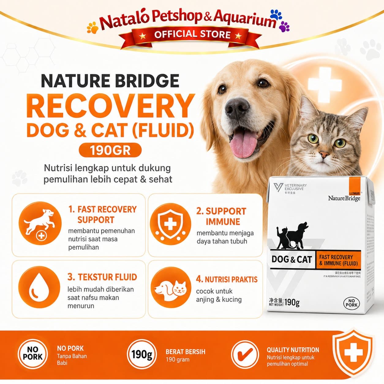 Nature Bridge Fast Recovery & Immune (Fluid) Complete Food for Dog & Cat Wet Food 190GR - Makanan Basah Anjing dan Kucing Cairan untuk Bantu Masa Pemulihan Pasca Penyembuhan dan Daya Tahan Tubuh 190 GR - gambar 2