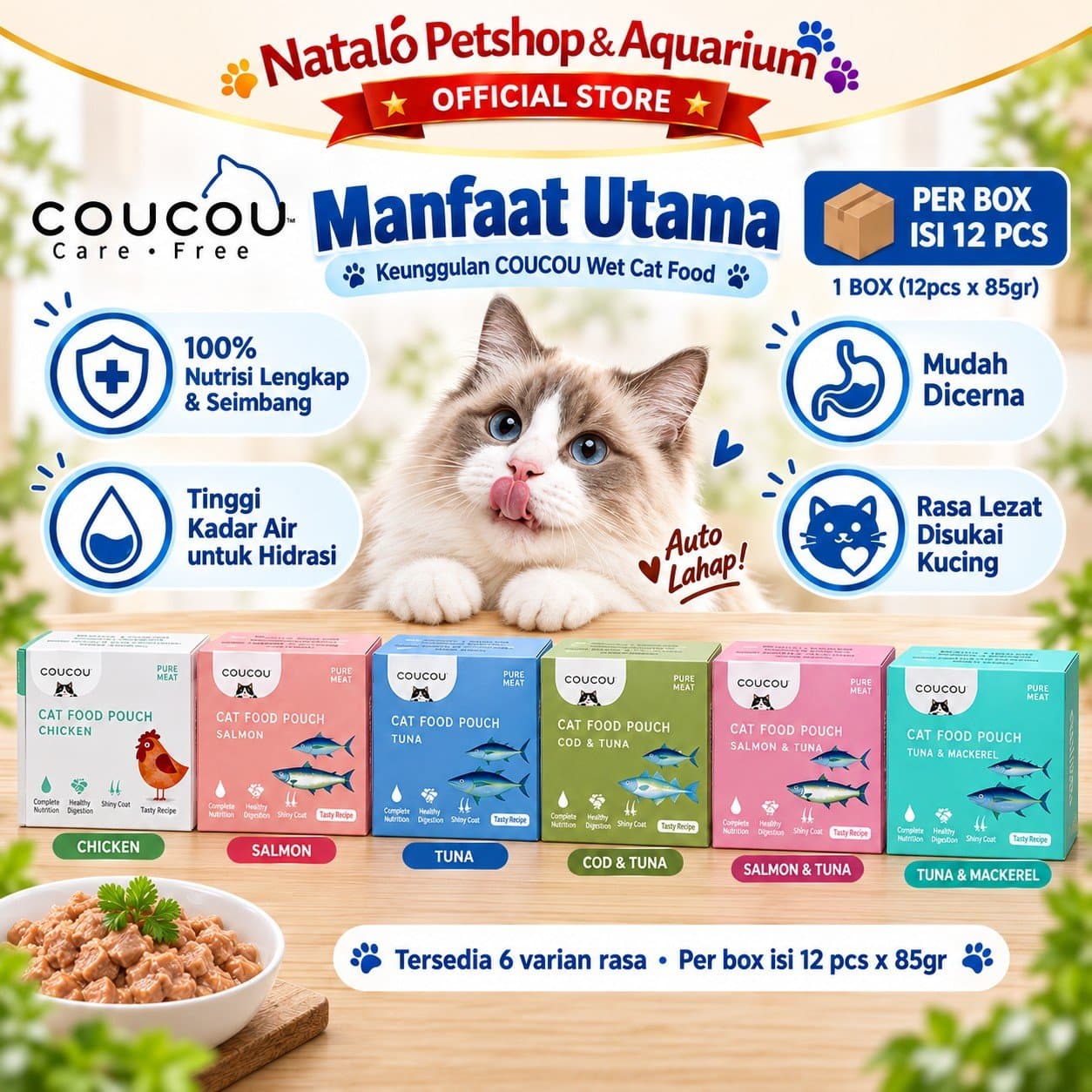 COUCOU Pouch Wet Cat food 1 BOX isi (12pcs x 85gr) All Life Stages - Makanan Basah Saset Kucing COU COU Semua Tahap Usia - gambar 2