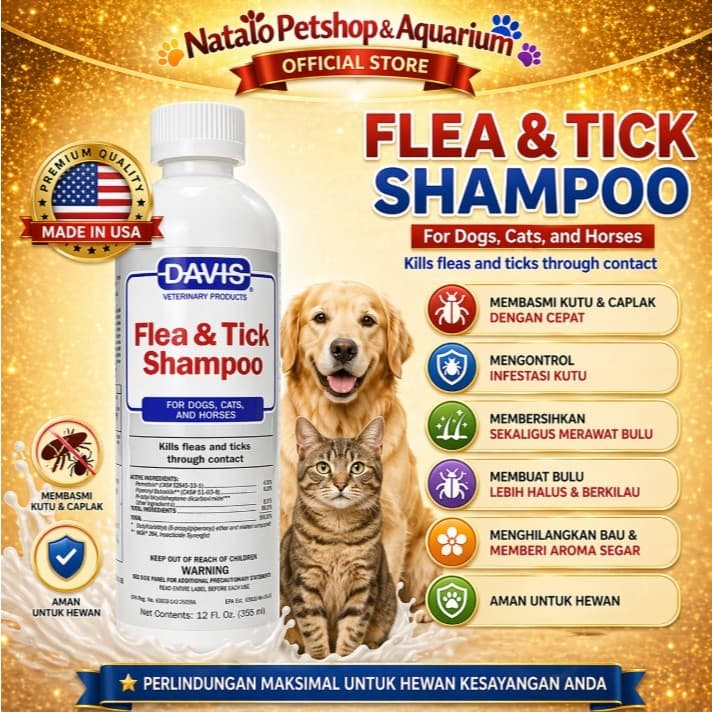 Davis FLEA AND TICK Shampoo 355ML - Sampo Kutu Hewan Kucing Anjing & Kuda for Pet Cat Dog Horse 355 ML AMPUH Bersih Tuntas Tungau Caplak Made in USA - Anti Fleas Ticks - gambar 1