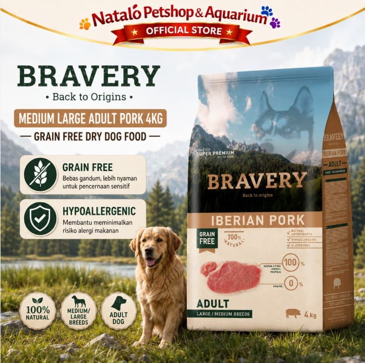 Bravery Medium / Large Adult Dog PORK 4KG Makanan Anjing Super Premium Pelet Food 4 kg - gambar 1