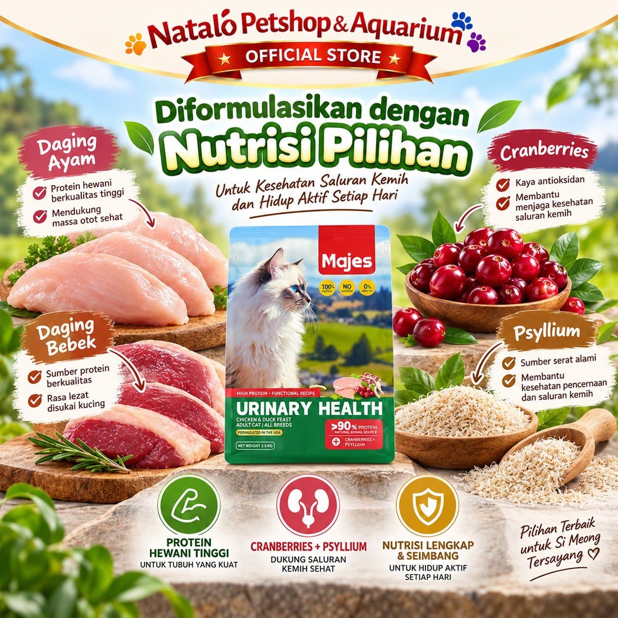 MAJES High Protein Urinary Health Chicken & Duck Feast 400GR / 1.2KG Adult Dry Cat Food - Makanan Kucing Dewasa untuk Kesehatan Saluran Kencing Kemih / Pecegahan FLUTD 400 GR / 1.2 KG - gambar 4