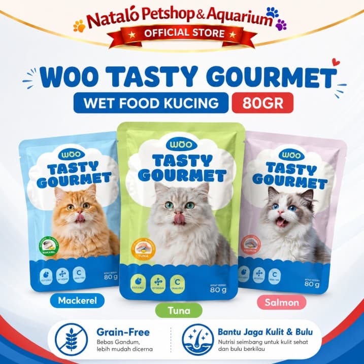 Woo Tasty Gourmet Cat Pouch 80GR Makanan Basah Kucing Rasa Salmon / Tuna / Mackerel 80 GR Wet Food Saset Sachet Daging Majes - gambar 1