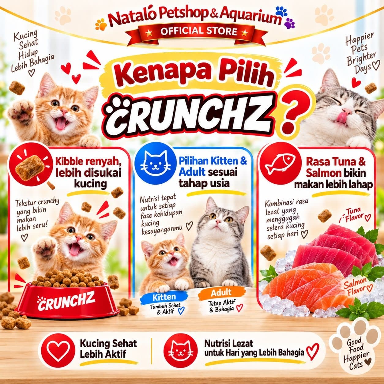 CRUNCHZ 12KG Dry Adult & Kitten Cat Food 500GR x 24 Pcs Makananan Kucing Kering Dewasa Anak Murah 12 KG Salmon Tuna 500 GR Crunch Kibble Pelet Pakan Grosir Stray - gambar 2