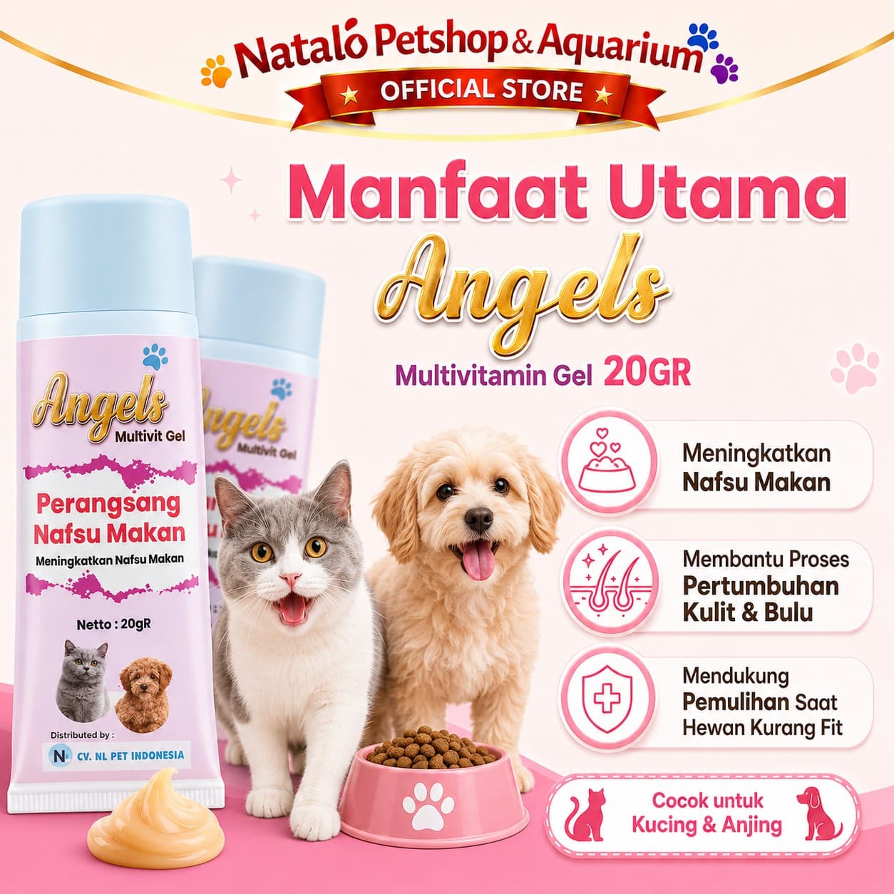 Angels Mulitivitamin Gel 20GR - Penambah Nafsu Makan - Penggemuk Badan / Perangsang Nafsu Makan Hewan Kucing Anjing Kelinci / Vitamin Odol Nutri Gel / Plus Vita / Baik untuk Kulit dan Bulu - gambar 2