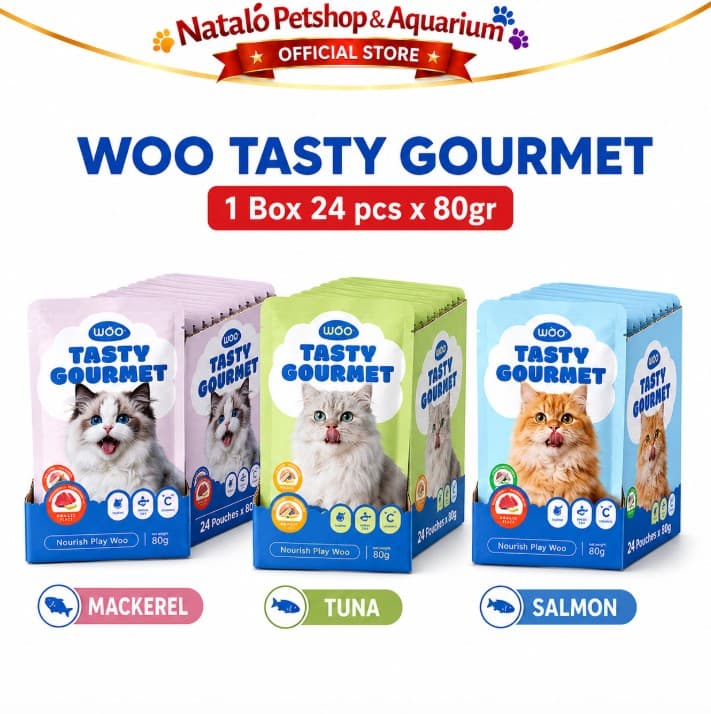 Woo Tasty Gourmet Cat Pouch per BOX isi 24 pcs x 80GR  Makanan Basah Kucing Rasa Salmon / Tuna / Mackerel 80 GR Wet Food Saset Sachet Daging Majes - gambar 6