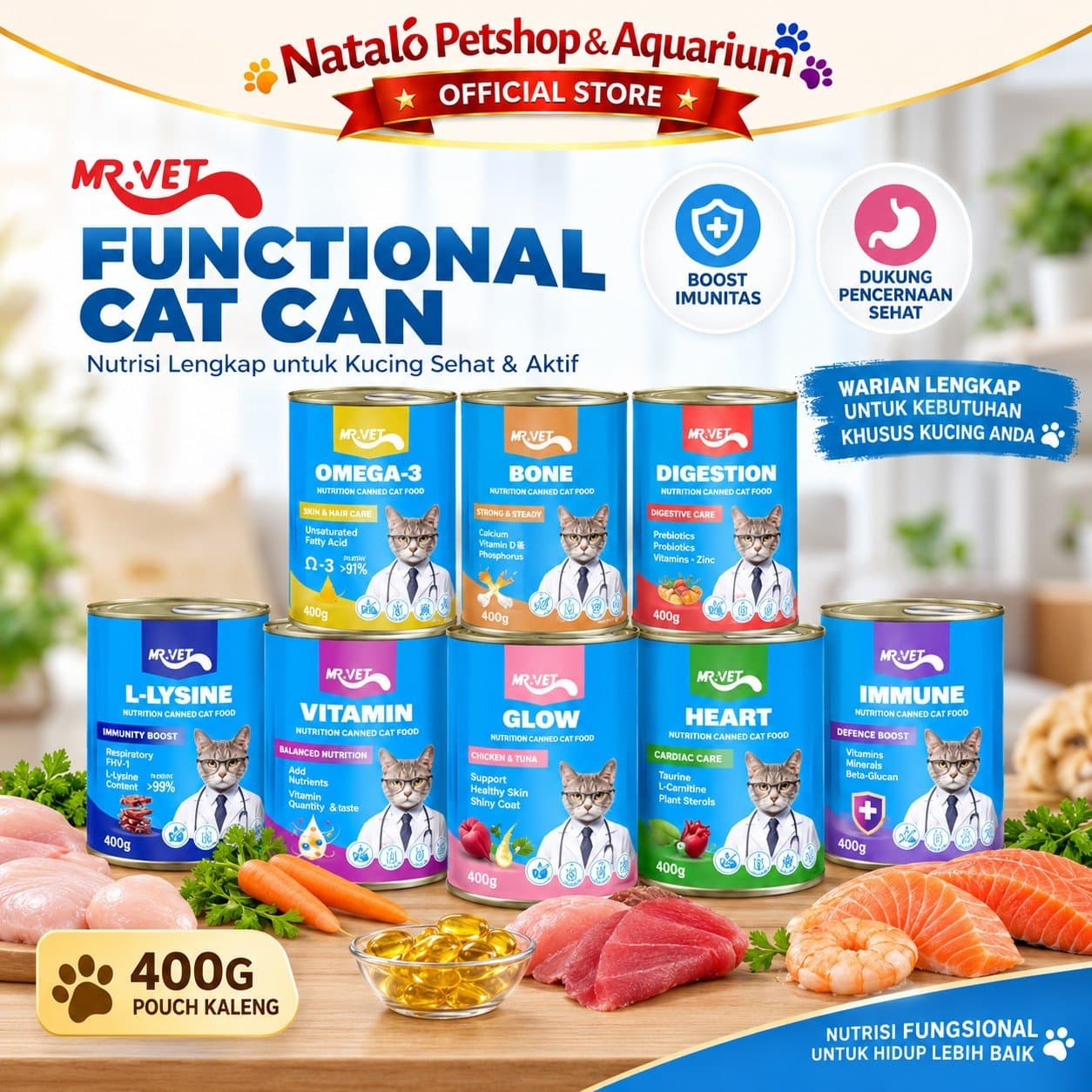 Mr. Vet Cat Can All Life Stages Functional Wet Food 400GR - Makanan Basah Kaleng Kucing Mr.Vet Semua Tahap Usia Fungsional Kesehatan 400 GR - gambar 1