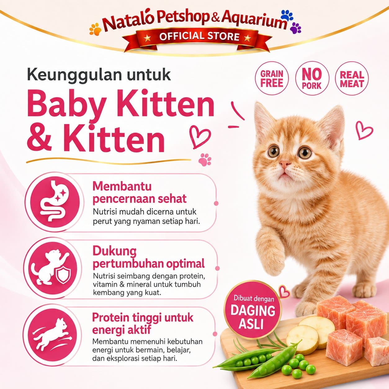 Kitchen Flavor Grain Free Complete Food for Baby Cat & Kitten Cat Food 1.5KG No Pork - Makanan Bayi dan Anak Kucing 1.5 KG Bebas Babi - gambar 2