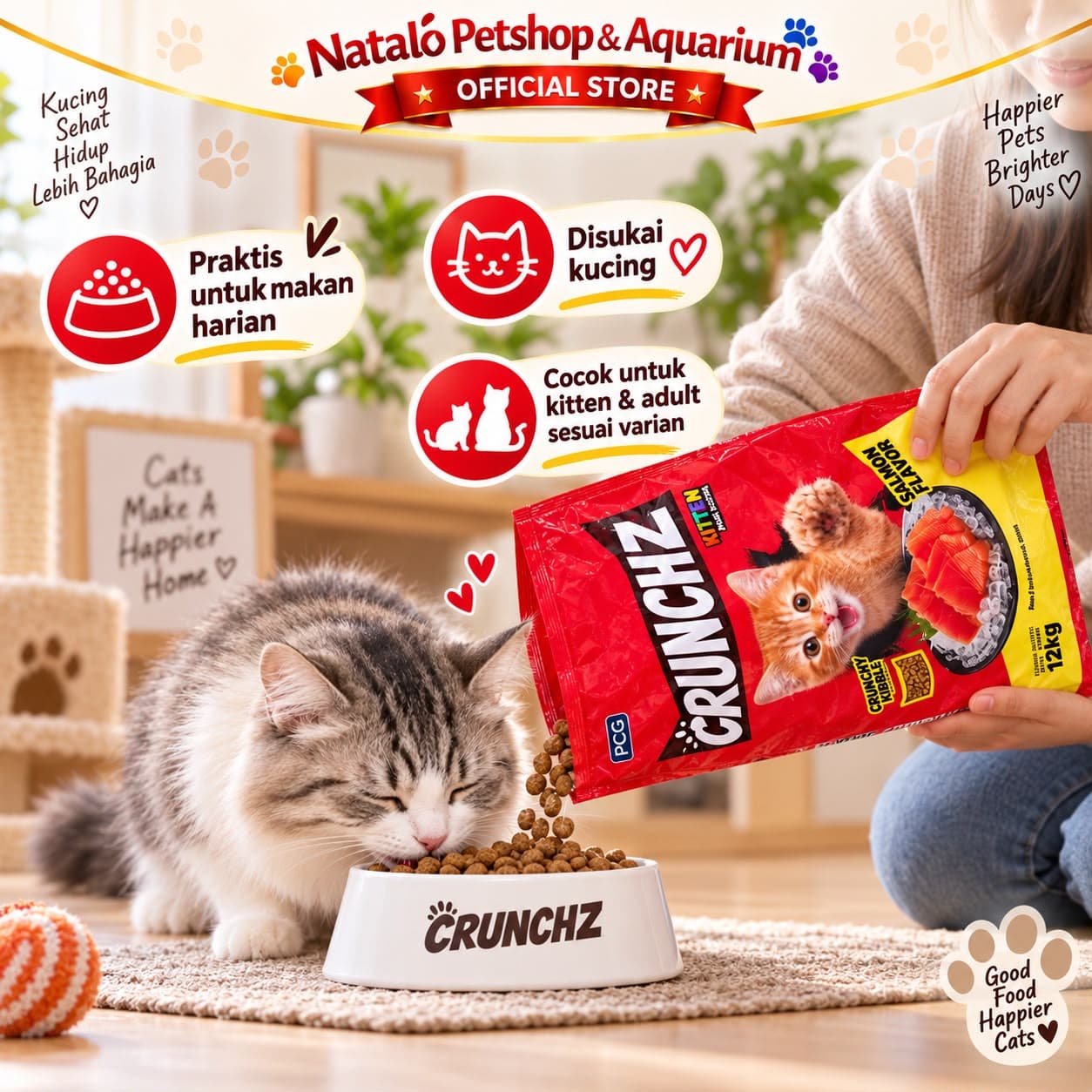 CRUNCHZ 12KG Dry Adult & Kitten Cat Food 500GR x 24 Pcs Makananan Kucing Kering Dewasa Anak Murah 12 KG Salmon Tuna 500 GR Crunch Kibble Pelet Pakan Grosir Stray - gambar 5