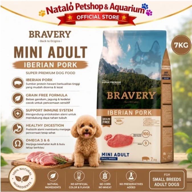 Bravery Mini Adult IBERIAN PORK 7KG Makanan Anjing Small Breed Dog Premium Pelet - gambar 1