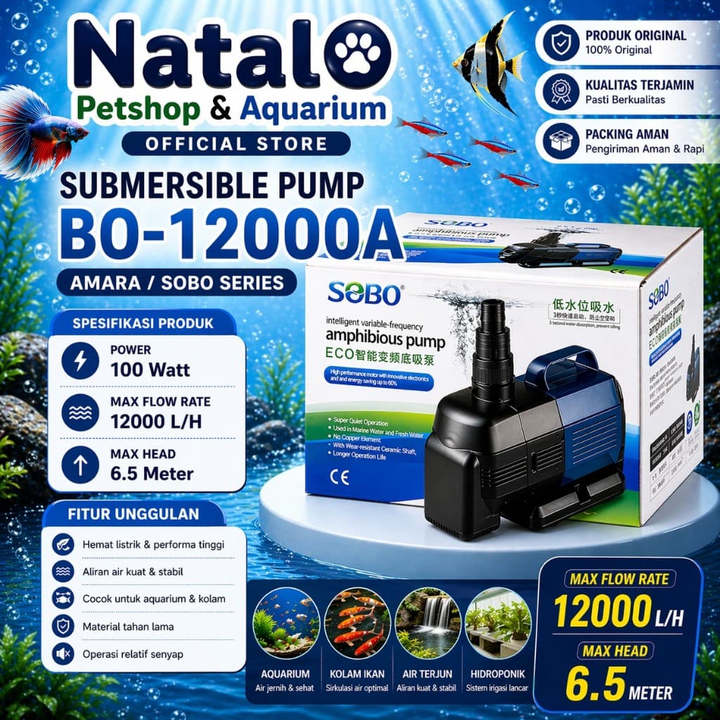 AMARA / SOBO BO-12000A Amphibious Pump - Mesin Pompa Kolam Aquarium Hidroponik Amphibi BO 12000A - gambar 1
