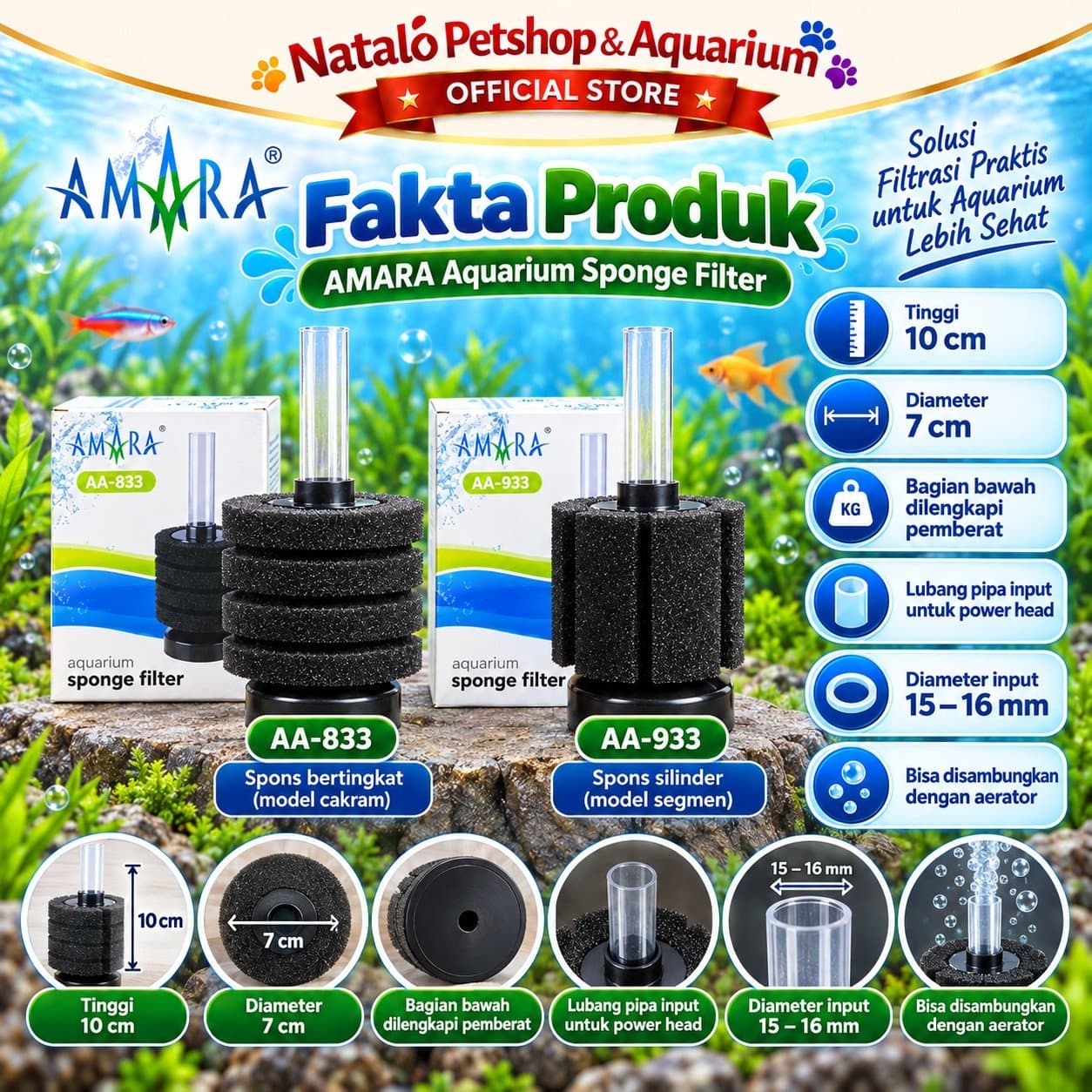 AMARA Aquarium Sponge Filter AA-833 / AA-933 - Biofoam Mini AA 833 933 Filter Aerator Aerasi Aquarium - gambar 4
