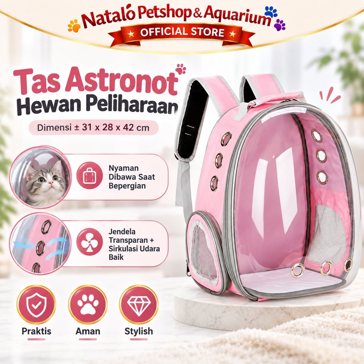 Tas Astronot Kucing Anjing Transparan Pet Carrier Backpack 31x28x42cm Tas Ransel Hewan Peliharaan Ventilasi
