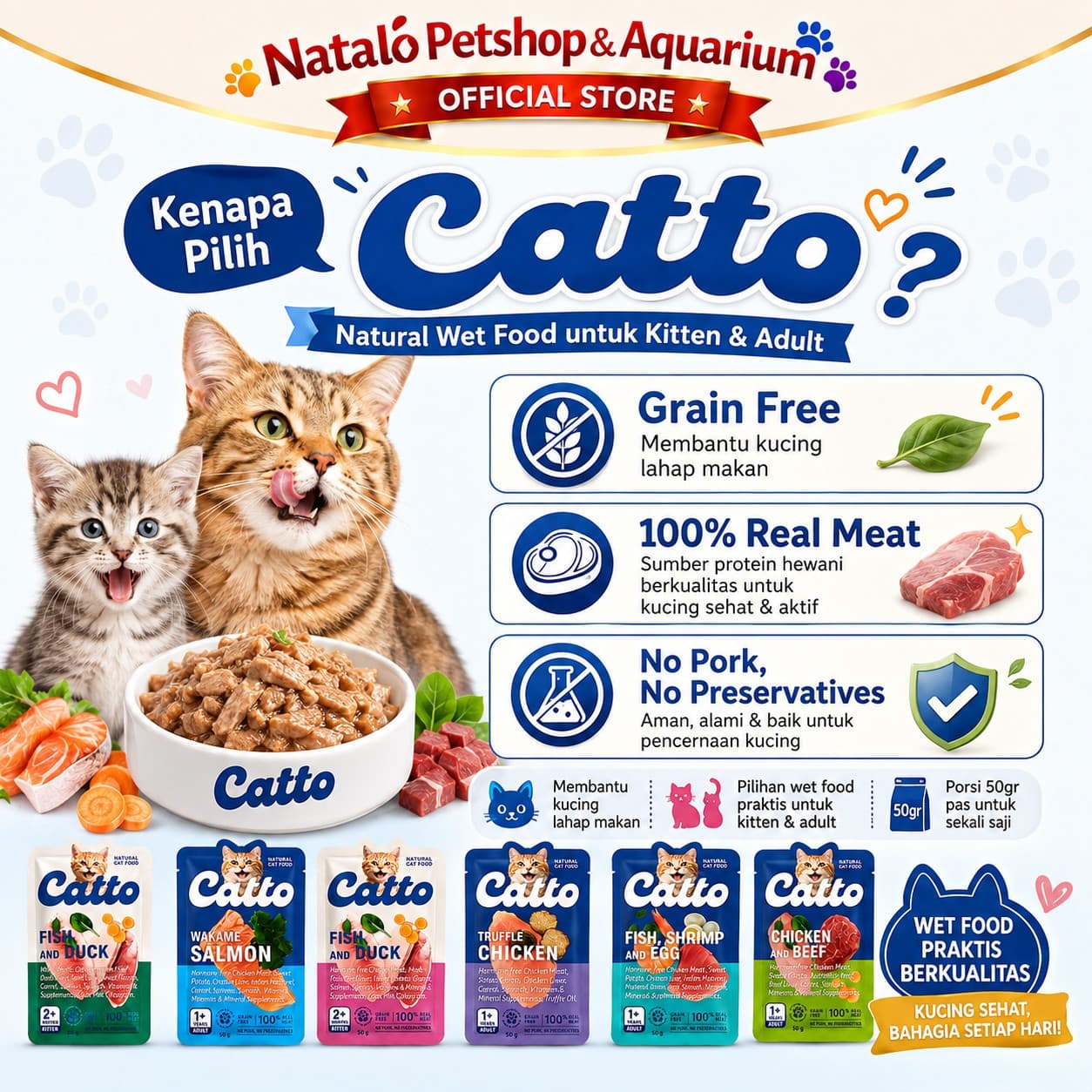 Catto Natural Wet Kitten and Adult Pouch Wet Cat Food 1 BOX isi (12pcs x 50gr)  - Makanan Basah Saset Anak dan Kucing Dewasa 50 GR - gambar 2