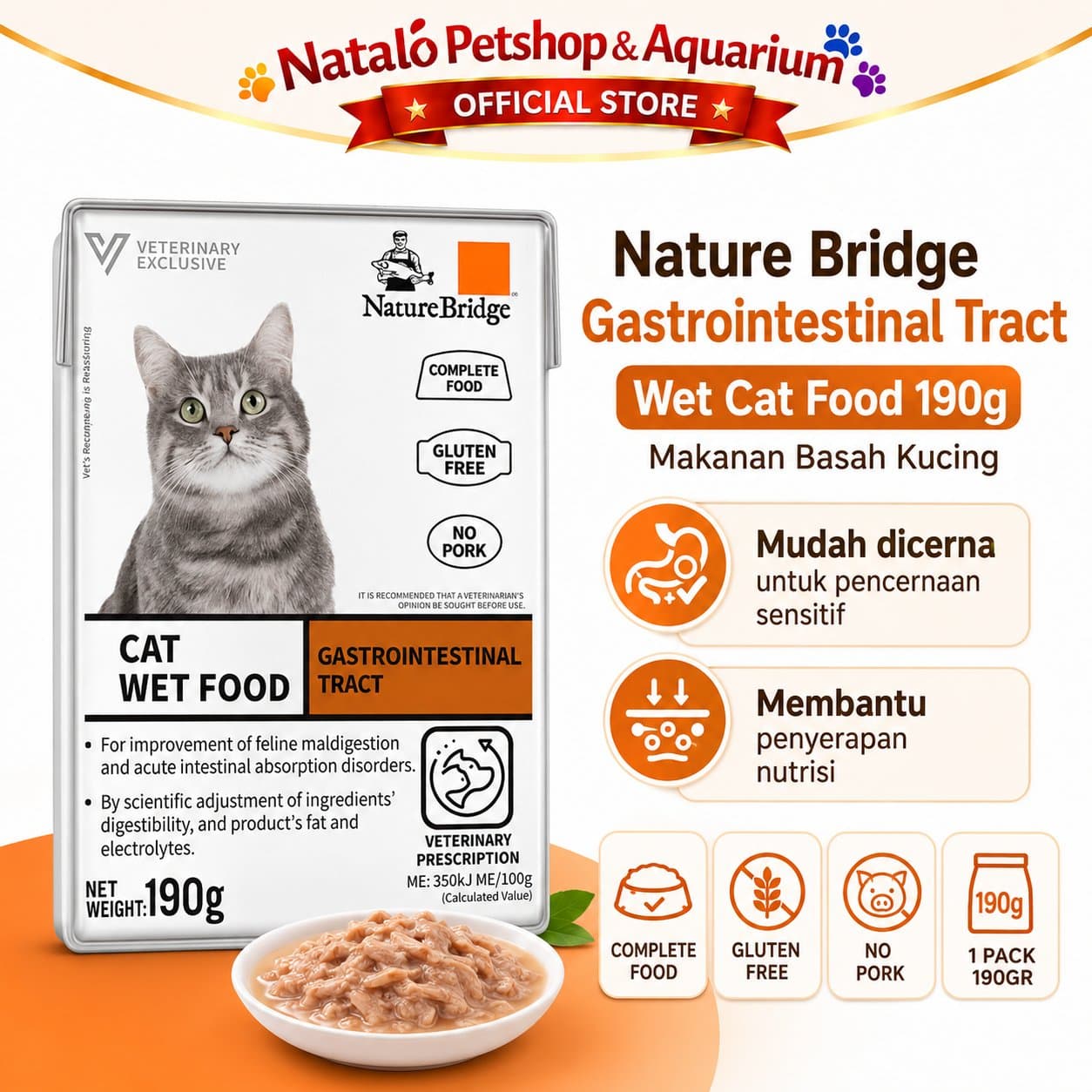 Nature Bridge Gastrointestinal Tract Complete Cat Wet Food 190GR Intestinal - Makanan Basah Kucing untuk Infeksi Saluran Pencernaan  / Diare 190 GR - gambar 1
