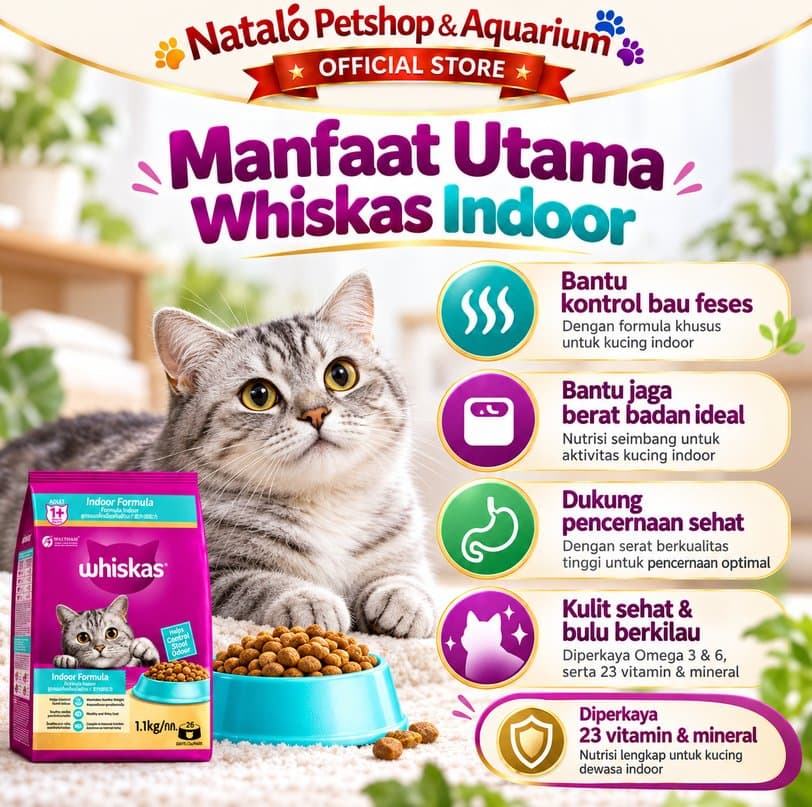Whiskas Indoor 1.1kg Makanan Kucing Kering Adult 1+ Tahun Dry Cat Food Indoor - gambar 3
