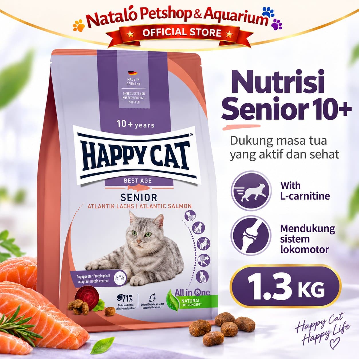 Happy Cat Best Age Senior 10+ Years Atlantic Salmon 1.3KG - Supreme Premium Dry Food 1.3 KG - Makanan Kering Kucing Tua Lansia Berumur Dewasa - gambar 1