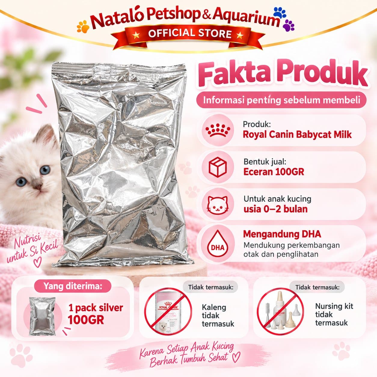 Royal Canin Babycat Milk 100 GR ECERAN Baby Cat - Susu Anak Kucing Original 1 PACK  100GR - gambar 4