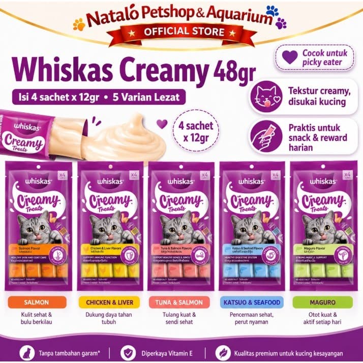 Whiskas Creamy Treats 48gr (12gr x 4pcs) Cat Snack Lickable Liquid Treat Snack Jilat Jajanan Kucing All Life Stages Dewasa Anak 48 gr 4 pcs x 12 gr Cemilan Kitten Adult Camilan - gambar 1